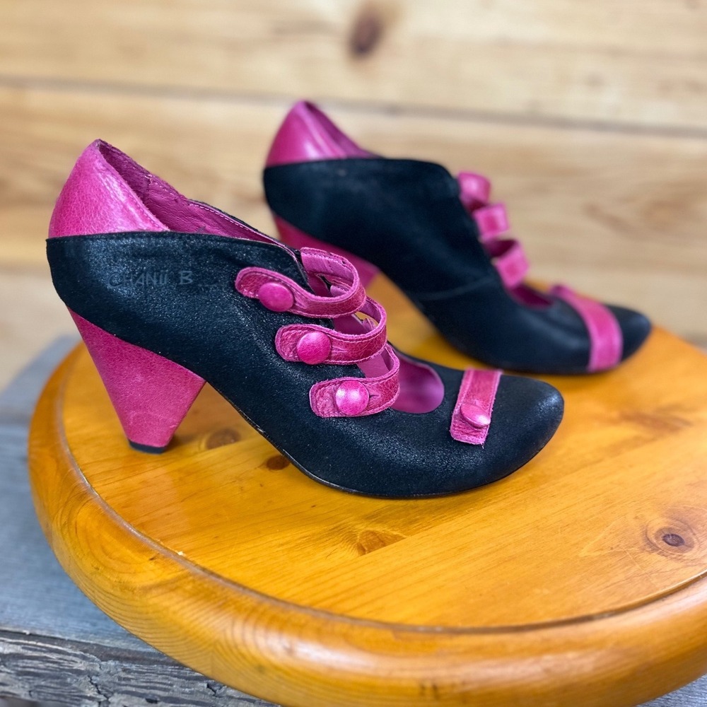 Chanii B Black Pink Leather Button Strap Heels Made Portugal Size 36 Mary Jane's